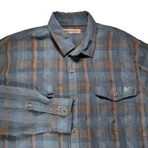 REI Men Plaid Long‎ Sleeve Button Up Shirt Blue Brown Outdoor Hiking Medium